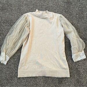 Beige Cream Lace Sheer Blouse mock neck sweater Top